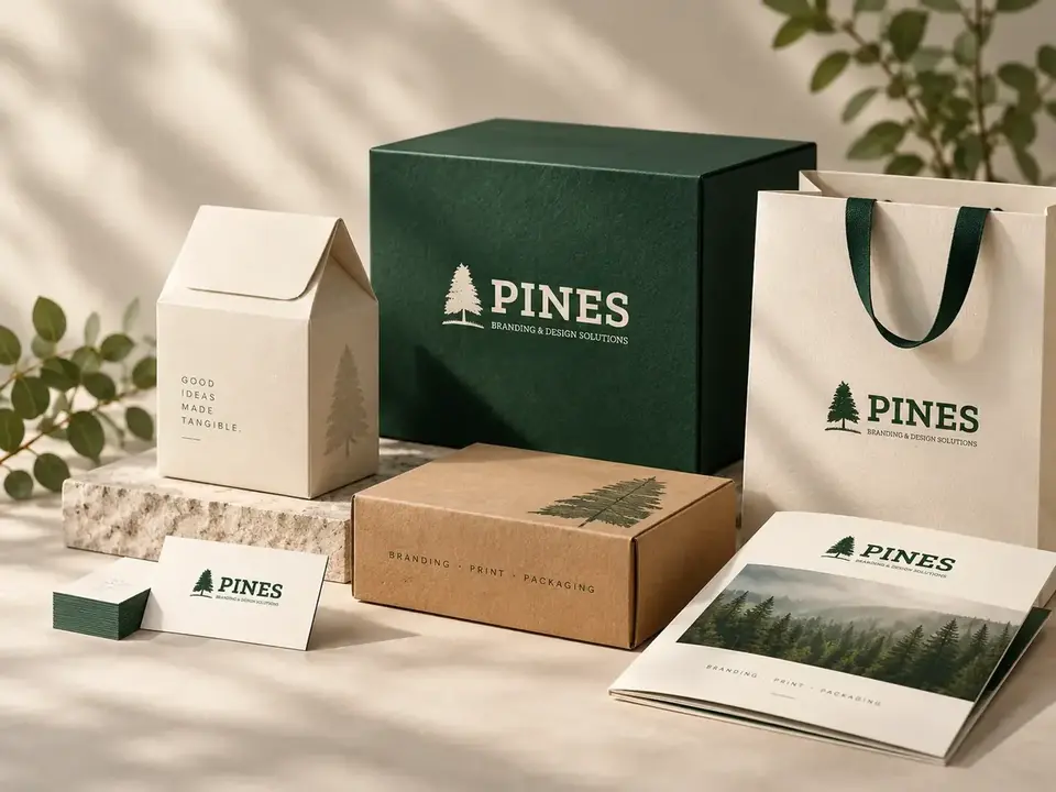 Pines branded packaging and print visual in the company’s green, cream and kraft palette