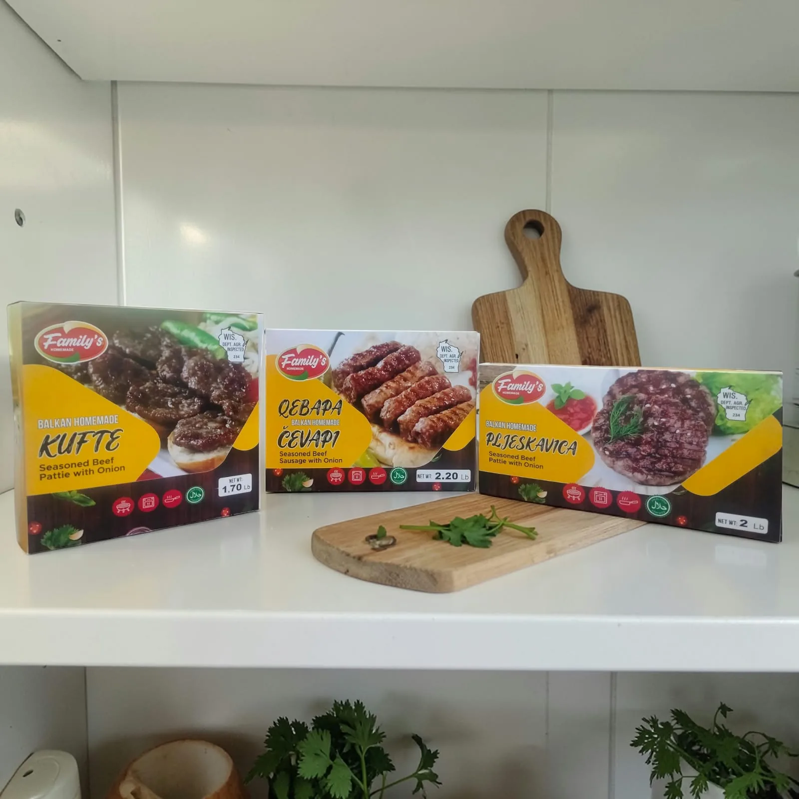 Family’s Homemade packaging for three Balkan-style food products, supplied product photo