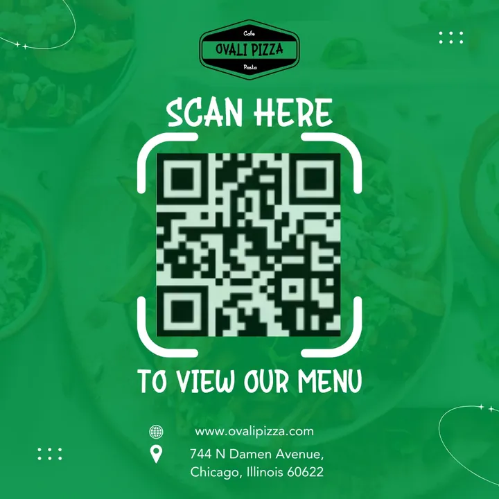 Ovali Pizza graphic inviting customers to scan a QR code for the menu
