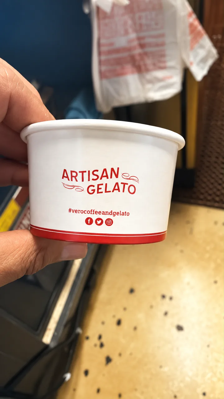 Artisan Gelato cup with the hashtag Vero Coffee and Gelato, supplied product photo