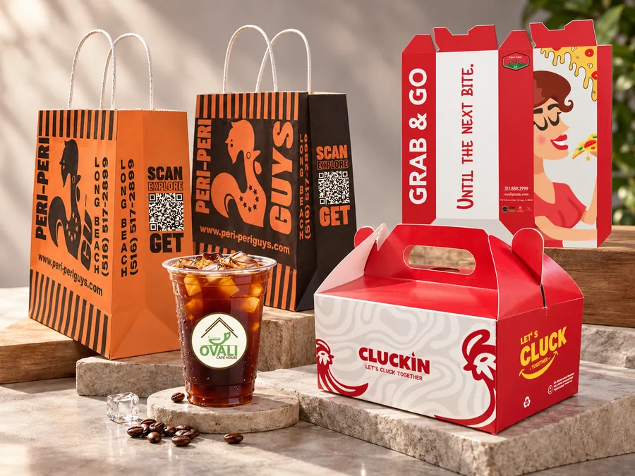 Packaging service visual showing bags and takeaway boxes.