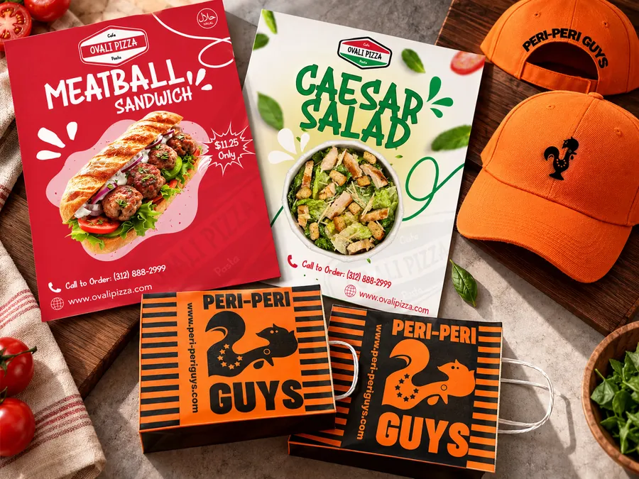 Print and paper service visual showing menus and promotional materials.